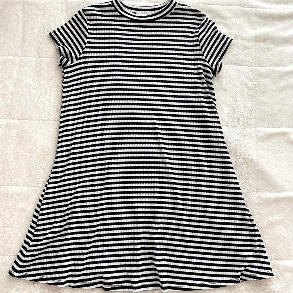 Black and white striped, loose fitting t-shirt dress